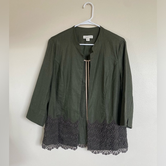 Coldwater Creek Women’s Linen Blend Dark Olive Green Blazer with Lace Trim 14 - Picture 1 of 12